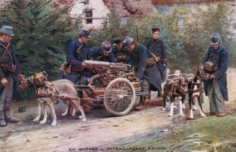 Horses pulling military transport wagons
