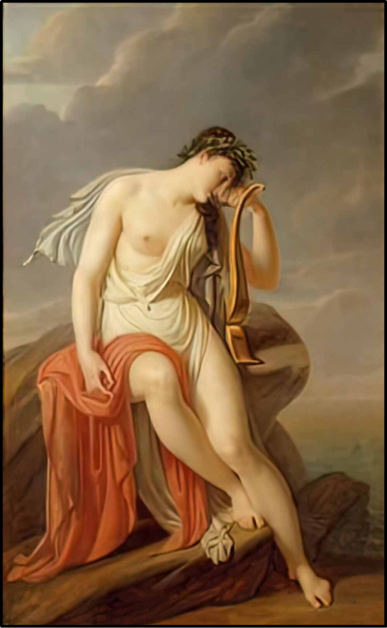 1960s postcard of a painting by Pierre-Narcisse Guérin of Sappho (holding her poet’s lyre) mer5e moments before she throws her from the Leucadian Cliff in despair at being exiled from her lover.