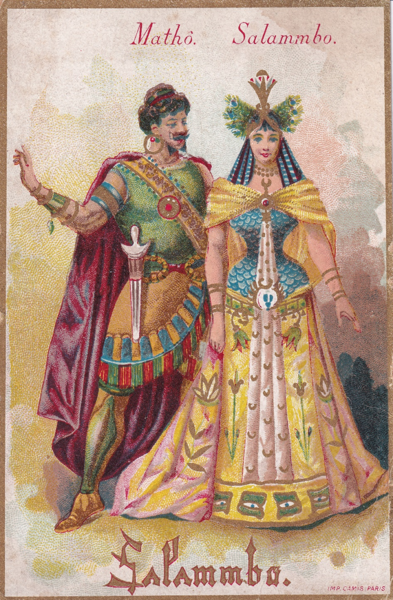 This lithographed postcard from the 1890s reflects the continuing fascination with Tunisian dress that the French developed after the publication of Flaubert’s novel Salammbô in 1862. Fashion historians maintain that the novel had a decided influence on some important designers of women’s clothes in Paris.